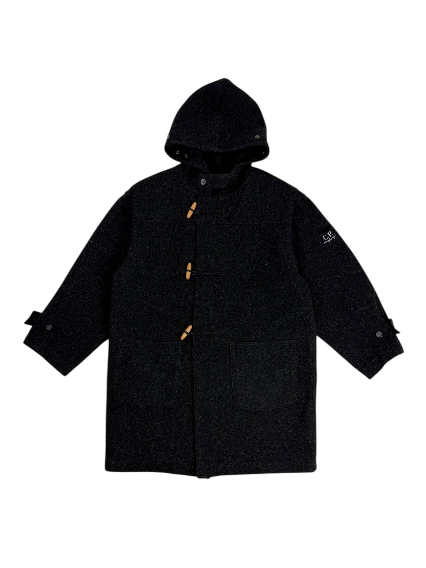 Black hooded coat with button details on a white background