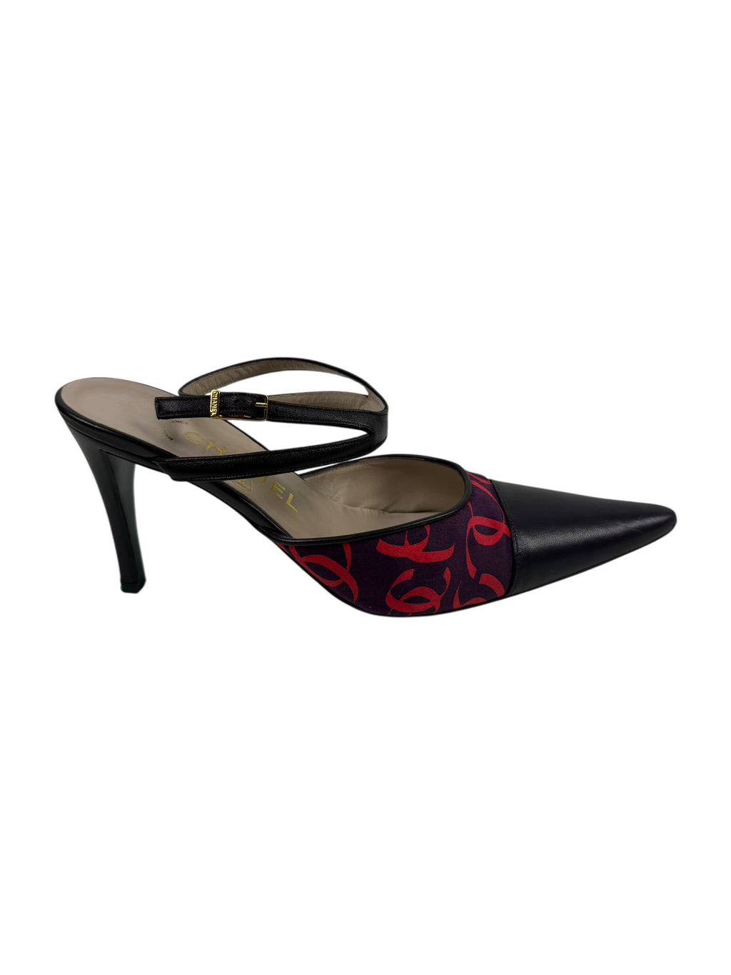 Chanel Autumn / 2000 CC Monogram Satin & Leather Slingback Heel