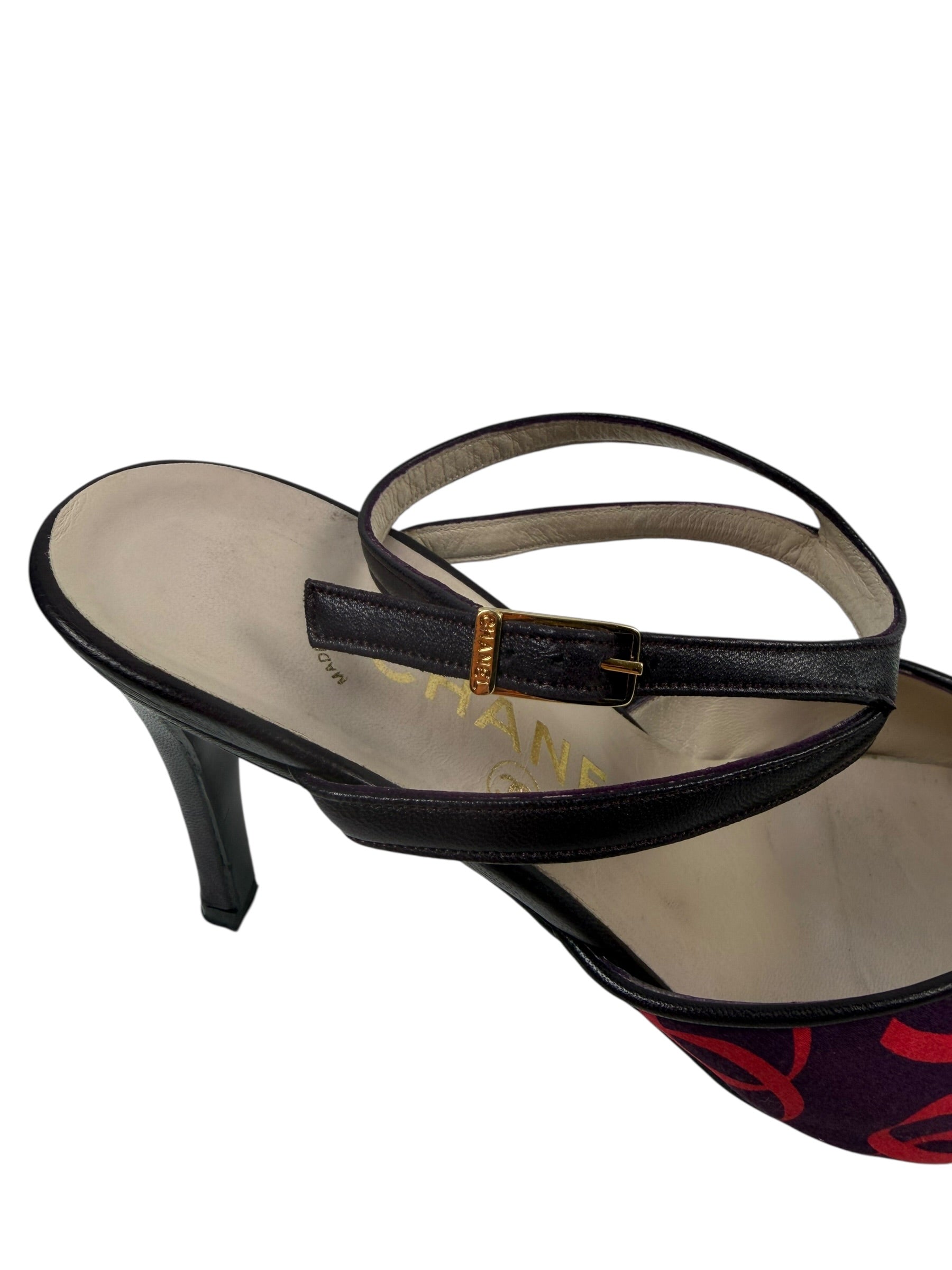 Chanel Autumn / 2000 CC Monogram Satin & Leather Slingback Heel