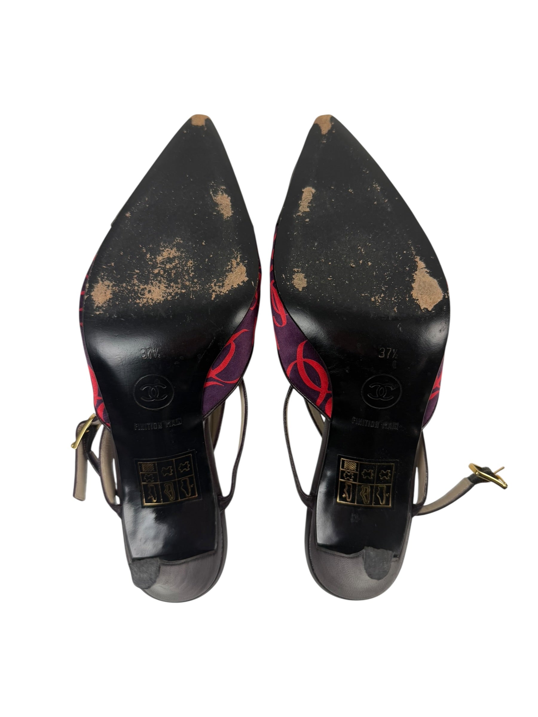 Chanel Autumn / 2000 CC Monogram Satin & Leather Slingback Heel