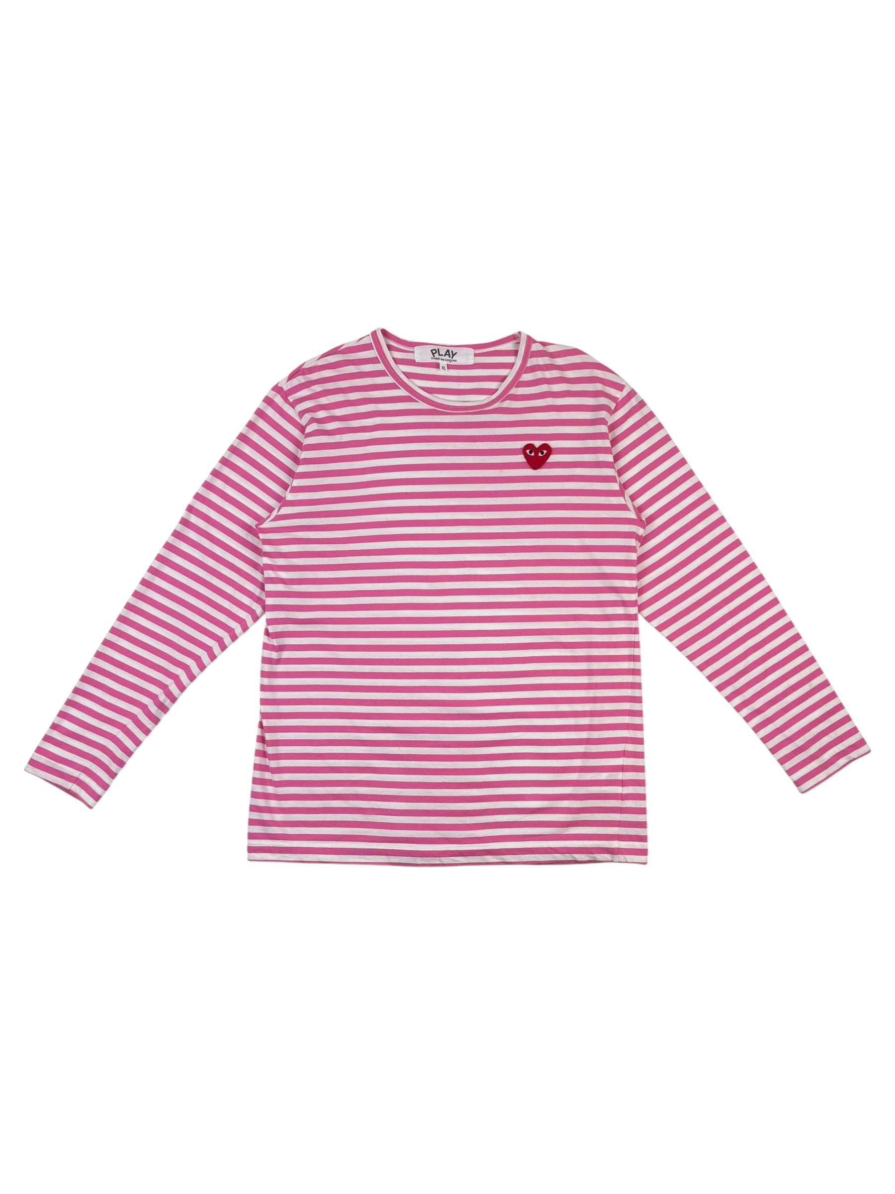 PLAY COMME des GARCONS ピンク白ストライプ Tシャツ L COMME des GARCONS PLAY Striped Tee in Pink | FWRD